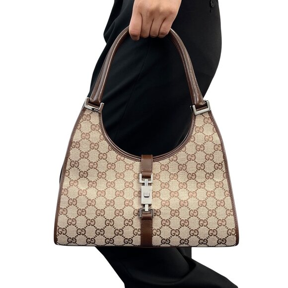 GUCCI Vintage GG Monogram Logo Jackie Shoulder Bag Brown Beige Canvas [105960] - Picture 4 of 12